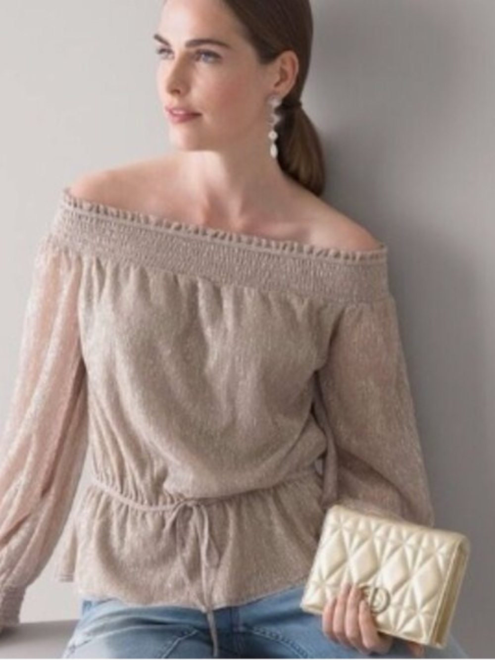 NWT WHBM Peasant Blouse Off Shoulder Champagne Beige Top - Medium